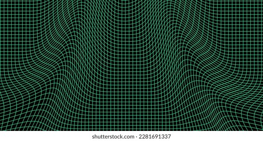 Abstract wavy green 3d mesh on a dark background. Geometric dynamic wave. 3D technology wireframe. Vector illustration.