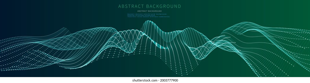 Abstract wavy grid on color background.  Futuristic  wireframe concept. Vector banner with dots and lines combination wireframe.