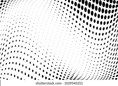 Abstract wavy halftone pattern. Futuristic panel. Grunge dotted backdrop with circles, dots, point. Design element for web banners, posters, cards, wallpapers, sites. Black and white color