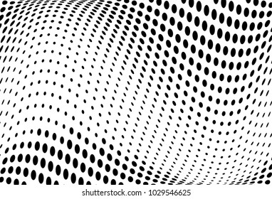 Abstract wavy halftone pattern. Futuristic panel. Grunge dotted backdrop with circles, dots, point. Design element for web banners, posters, cards, wallpapers, sites. Black and white color