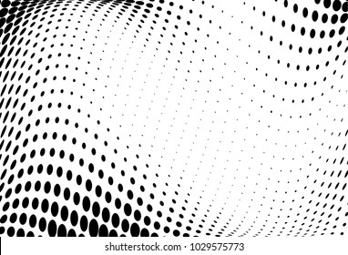 Abstract wavy halftone pattern. Futuristic panel. Grunge dotted backdrop with circles, dots, point. Design element for web banners, posters, cards, wallpapers, sites. Black and white color
