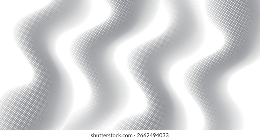 Padrão de meio-tom ondulado abstrato em escala de cinza com transições suaves e movimento fluido moderno. Perfeito para fundos, capas ou elementos de design contemporâneos.