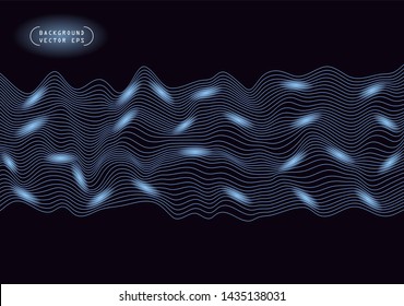Abstract wavy horizontal lines, blue winding, relief wave. Vector illustration template with the ability to overlay isolated on a dark background.