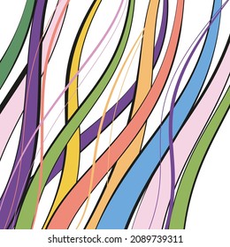 Abstract wavy intertwining lines of various colors and different thicknesses.