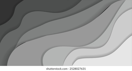 Design em camadas onduladas abstratas em escala de cinza, apresentando curvas suaves e tons de gradiente. Perfeito para fundos modernos, projetos minimalistas, arte digital e modelos de apresentação elegantes.