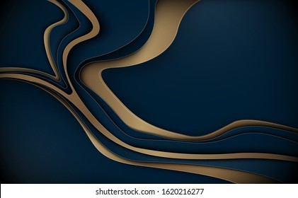 Abstract wavy layers pattern with luxury dark blue and gold background. Vector illustration