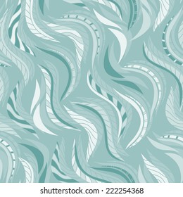 Abstract wavy leaves seamless pattern. Blue wave background.