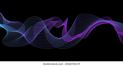 Patrón de líneas de luz onduladas abstractas (curvas de Guilloche) azul púrpura en concepto de tecnología, aprendizaje automático, red neuronal.