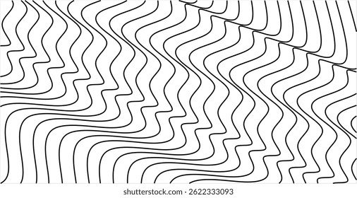 Abstract wavy line background in black and white. Minimalist curved stripes forming an optical illusion pattern. Perfect for modern design, textile prints, posters, and backgrounds. Elegant and clean 