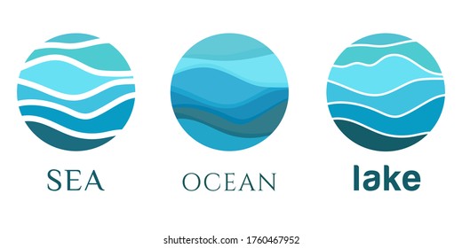 Abstract Wavy Line Background In Blue Color In Circle For Logo Template,  Icon, Sticker, Pictogram For Tourism, Voyage, Cruise Travel. Sign Sea, Symbol Ocean, River Flow, Lake. Vector Illustration Set
