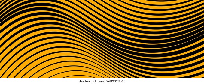 Abstract wavy line background with yellow and black stripes, perfect for modern design, posters, and optical illusion effects.