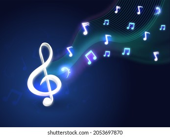 Abstract Wavy Line Blue Background With Light Effect Music Notes.