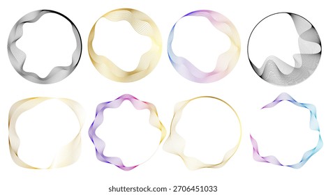 Abstract wavy line circle frame made of flowing curved strokes. Modern minimal outline for design, branding, posters, tech layouts, packaging and elegant decorative borders. Great abstract backgrounds