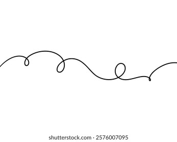 Abstract wavy line with curls, hand-drawn in one continuous line, vector. Black and white monochrome graphic illustration. An element for decoration, decoration, and design. Simple contour drawing