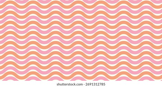 Banner de plano de fundo do projeto de linha ondulada abstrata. Elemento de borda sem emenda geométrica vetorial em rosa e laranja. Padrão Groovy 70s