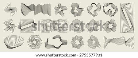 Abstract wavy line elements vector set. Monochrome striped liquid shapes, ribbons, flowers, and geometric forms in black, gray, and cream for modern posters, covers, and graphic design.