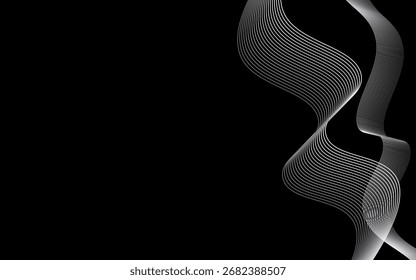 Fondo de flujo de línea ondulada Abstractas. Fondo abstracto mínimo con líneas onduladas blancas elegantes en una superficie oscura. Ideal para Fondo de pantalla, carteles, presentaciones, arte digital, decoración contemporánea, etc.