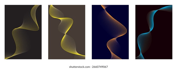 Conjunto de Vector de fondo de póster de gradiente de línea ondulada Abstractas. Fondo de onda brillante abstracto moderno. Diseño ideal para redes sociales, portada, Anuncio, flyer, anuncios. Ilustración vectorial.