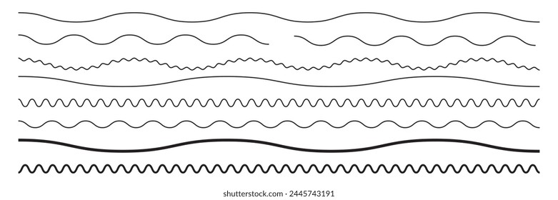 Abstract Wavy Line. Wavy line horizontal divider outline minimalist  art.Thin line wavy abstract vector background. Curve wave seamless pattern. Line art striped graphic template. 
