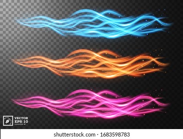 Abstract wavy line of light set with a transparent background, isolated and easy to edit. Vector Illustration