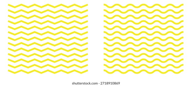 Padrão abstrato de linha ondulada em amarelo e branco para fundos de design modernos.  Conjunto de linhas onduladas em ziguezague. As linhas de cor amarelas ziguezague chevron lindo padrão geométrico fundo.