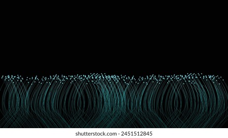 Abstract wavy line twisted data flowing dark background.