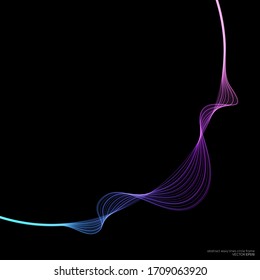 Abstract wavy lines around circle frame by colorful light isolated on black background in concept technology, music, science, modern background.