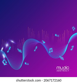 Abstrakter Wavy Lines Hintergrund mit Frequenzbereichen und Musiktiteln in violetter und blauer Farbe.