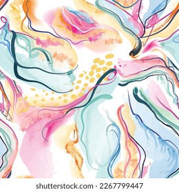 Abstract wavy lines. Beautiful seamless watercolor texture. Endless pattern in bright spring style. Flowing waves abstraction. Modern background for web site business graphics.