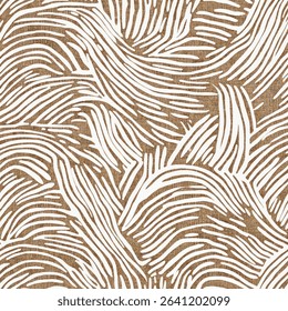 Abstract wavy lines in beige and white on a burlap background. on linen fabric print pattern, cotton, silk, vector illustration, doodle summer, kids and baby designs for print fabric.