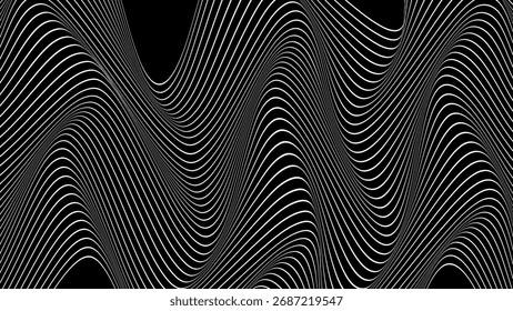 FUNDO DO PADRÃO DE CORES PRETO E BRANCO DAS LINHAS ONDULADAS ABSTRATAS. BOM PARA PÔSTER, PAPEL DE PAREDE, CAPA, QUADRO, FOLHETO, MÍDIA SOCIAL, CARTÃO DE SAUDAÇÃO