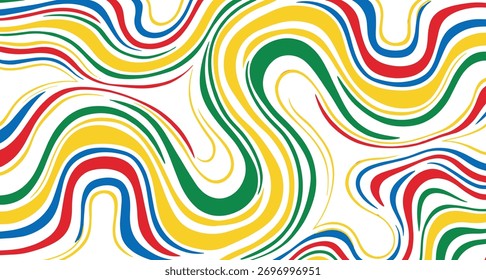 Abstractas líneas onduladas de azul, rojo, amarillo y verde sobre blanco.