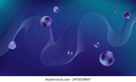 Abstract wavy lines and bubbles on blurred purplish gradient background. Tech concept illustration