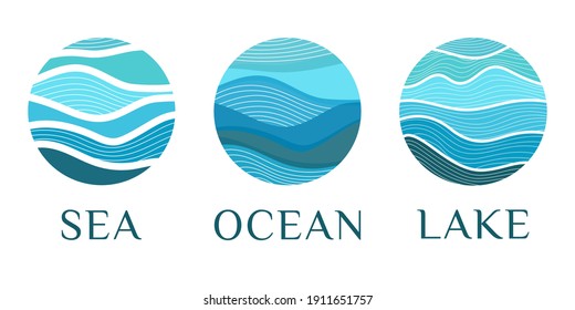 Abstract Wavy Lines In Circle Sea Waves,ocean,coast,lake,river Flow,water Design Template Vector Pattern Logo Blue. Icon Beach,symbol Summer,badge Hotel,pictogram For Tourism,sign Voyage,cruise Travel