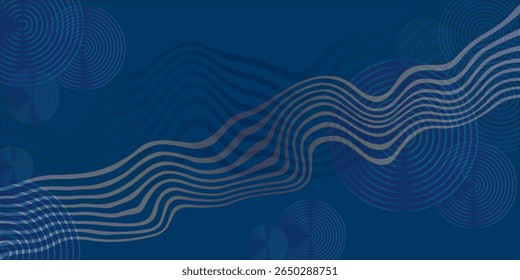 Abstract wavy lines and circular rings on a dark blue background create a flowing, futuristic texture. Keywords: abstract, waves, lines, blue, digital.