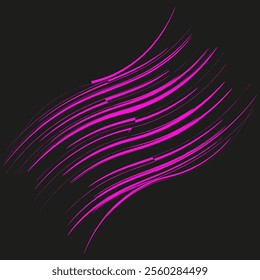 Abstract wavy lines. Curved purple streaks. Black vector background. Dynamic flowing pattern.