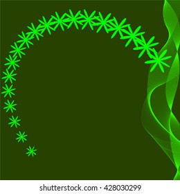 Abstract wavy lines and floral elements on a green background