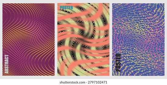 Abstract Wavy Lines Glitch Optical Illusion Modern Posters Set. Vector Illustration of Retro Distorted Wave Backgrounds, Psychedelic Vortex Textures, and Creative Album Cover Templates.