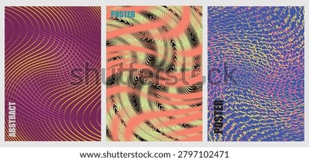 Abstract Wavy Lines Glitch Optical Illusion Modern Posters Set. Vector Illustration of Retro Distorted Wave Backgrounds, Psychedelic Vortex Textures, and Creative Album Cover Templates.