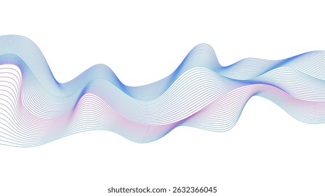 Abstract Wavy Lines Holographic Waveform Futuristic Contemporary Isolated Vector Design Element for 3d Backgrounds. Purple and Blue Colorful Rainbow Dynamic Fluid Motion Shapes