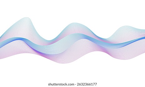 Abstract Wavy Lines Holographic Waveform Futuristic Contemporary Isolated Vector Design Element for 3d Backgrounds. Purple and Blue Colorful Rainbow Dynamic Fluid Motion Shapes