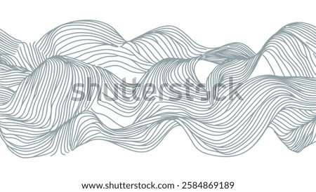 Abstract wavy lines illustration. Thin parallel lines create movement. Suitable design modern website background. Linear style graphic pattern, aerial view, white background