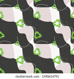 Abstract wavy lines, noise texture and recycling symbol seamless pattern. Black, grey and white repeat design with green, ecology vector graphic for poster background decoration or wrapping.