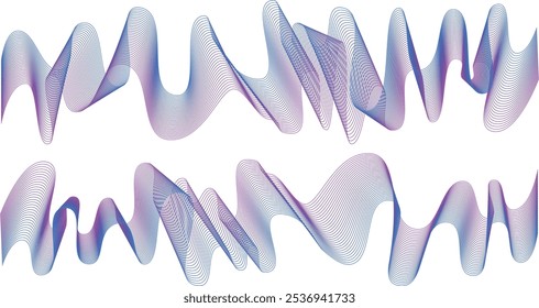 Abstractas líneas onduladas sobre un fondo negro. Una curva suave mezcla la textura. Bandas grises de la frecuencia de audio. Ilustración gráfica de Vector. Fondo de una onda de humo negro