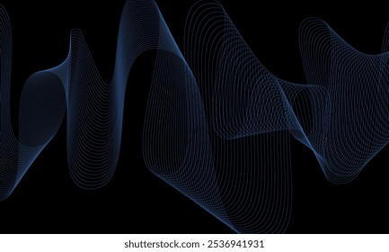 Abstractas líneas onduladas sobre un fondo negro. Una curva suave mezcla la textura. Bandas grises de la frecuencia de audio. Ilustración gráfica de Vector. Fondo de una onda de humo negro