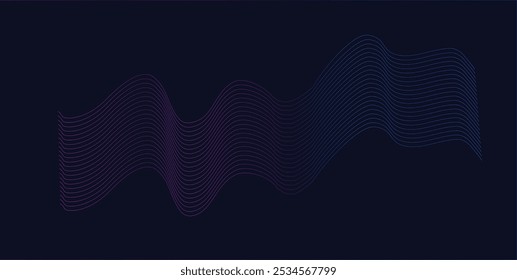 Abstract wavy lines on dark blue background. Dynamic wave pattern. Futuristic technology concept. Suitable for banner, poster, cover, brochure, flyer, website.
