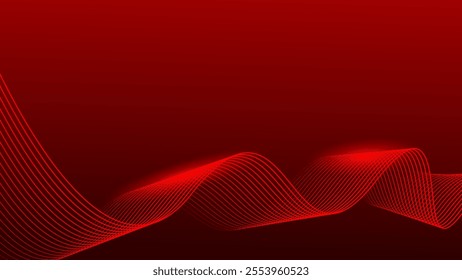 Abstract wavy lines on dark red gradient background. Dynamic flowing glowing lines background. Vector illustration