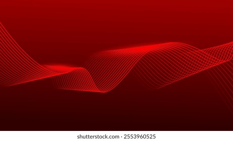 Abstract wavy lines on dark red gradient background. Dynamic flowing glowing lines background. Vector illustration