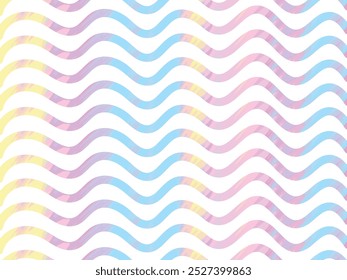 Abstrakte wellenförmige Linien in pastellfarbenen Regenbogenfarben auf weißem Hintergrund. Konzept der abstrakten Ozean, Wasser, Meer, Wellen, modernes Design, bunte Muster, abstrakte Kunst, geometrische Formen.