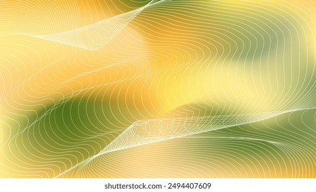 Abstract wavy lines pattern on blurred green and yellow gradient background. 4k resolution wallpaper, backdrop, banner. Editable vector illustration